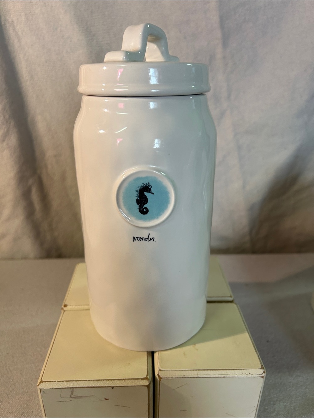 Rae Dunn White Ceramic Seahorse Canister with Aqua Accent - Wander